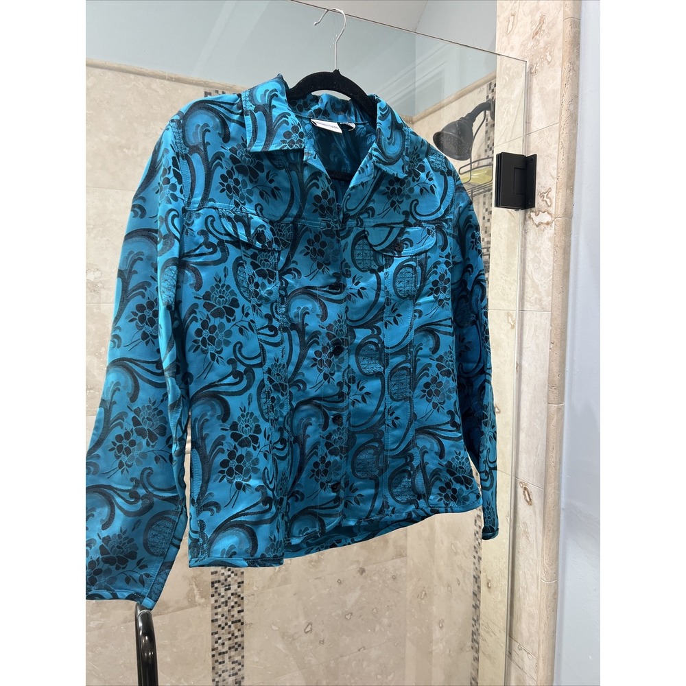 Chico's Blue Black Silk Tunic Long Sleeved Jacket Embroidered Size 1 M